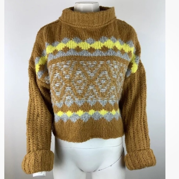 Free People Sz M Alpine Pullover Sweater Brown Acrylic Alpaca Cropped Loose - Picture 1 of 7